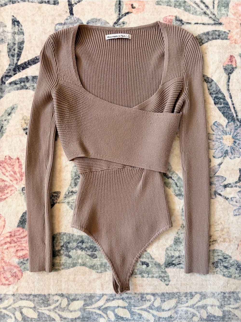 Abercrombie & Fitch Taupe Ribbed Wrap-Detail Long Sleeve Bodysuit